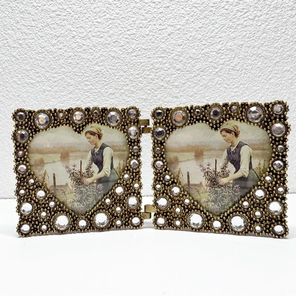 Ornate Metal Brass Double Heart Folding Picture Frame